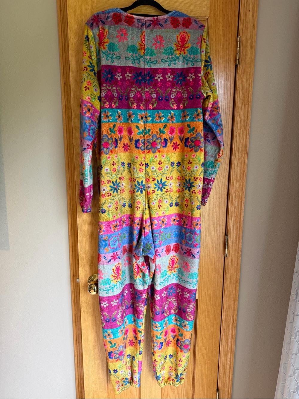 Natural Life Fleece One Piece Pajama Jumpsuit Floral Magenta Border Boho M - Picture 7 of 12
